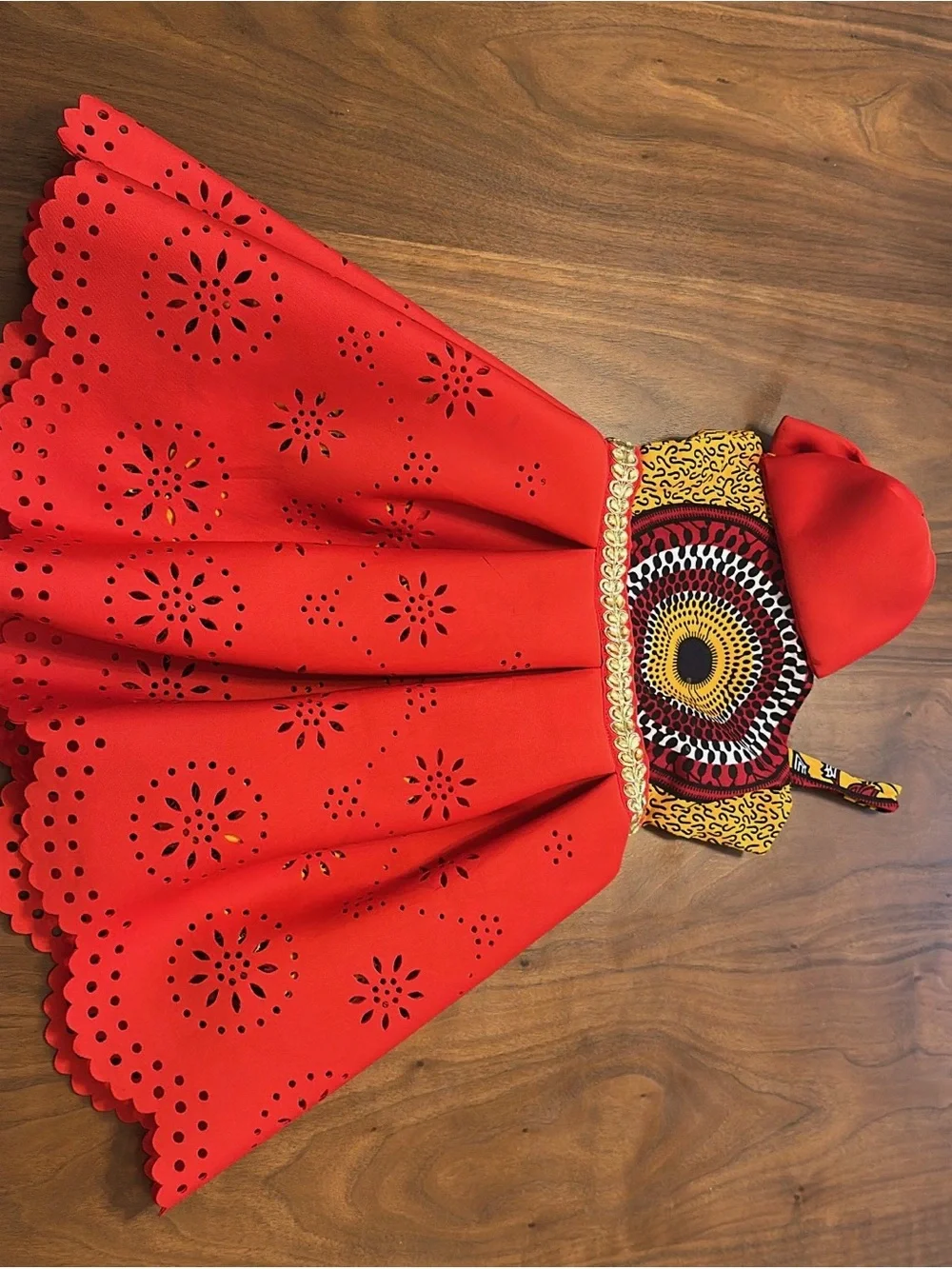Red Eyelet Skater Dress with Gold Trim